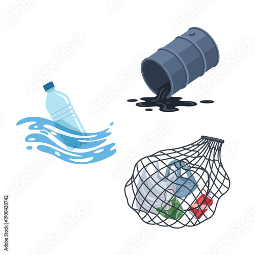 Illustrations depicting various forms of environmental pollution including plastic waste in water, an oil spill, and collected plastic debris.