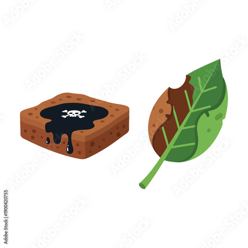Illustration depicting a piece of bread contaminated with toxic liquid and a decaying leaf, symbolizing pollution and environmental damage.