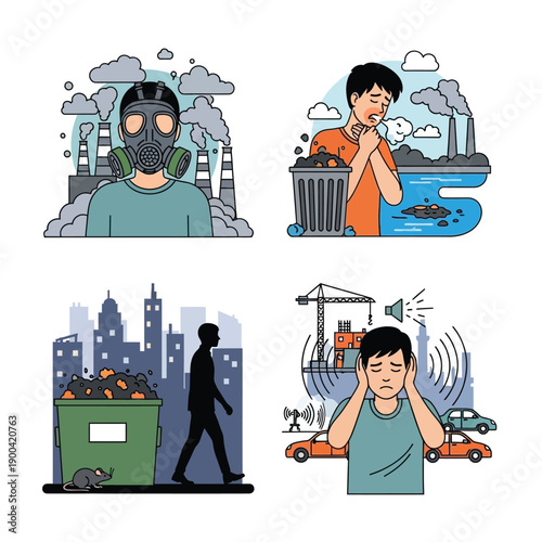 Illustrations depicting various forms of environmental pollution including air, water, waste, and noise, showing their impact on people and urban areas.