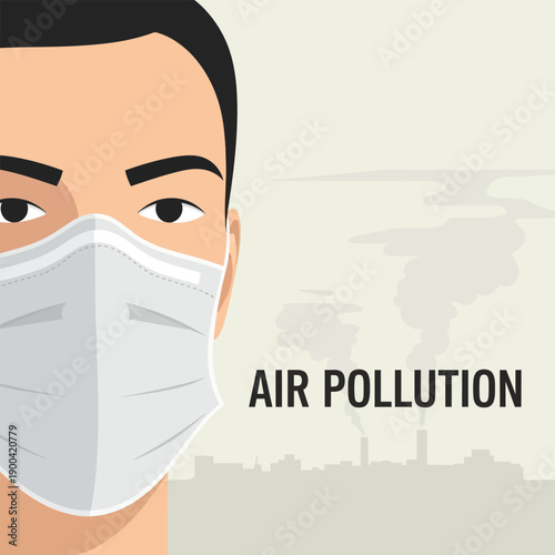 A person wearing a protective face mask against air pollution with a city skyline and smoking factories in the background, highlighting environmental concerns.