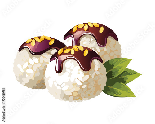 Japanese mochi rice balls topped with chocolate syrup and sesame seeds served on a green leaf - Vector Illustration