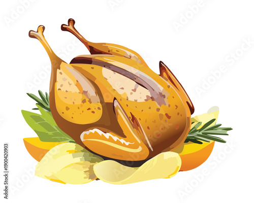 Large roasted chicken with herbs and vegetables for traditional hearty family dinner celebration meal menu - Vector Illustration