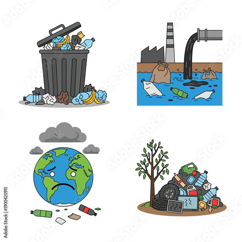 Illustrations depicting various forms of environmental pollution including overflowing trash, industrial water waste, a sad Earth, and a large pile of garbage.