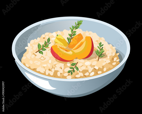 Bowl of white porridge with peach slices and herbs for healthy organic breakfast snack menu - Vector Illustration