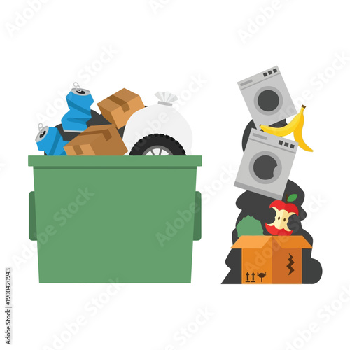 A green dumpster overflowing with various waste items next to a tall, unstable pile of household garbage including washing machines and food waste.
