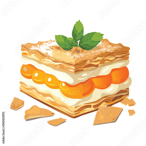 Layered orange cake with cream frosting and mint for sweet gourmet bakery celebration dessert menu - Vector Illustration