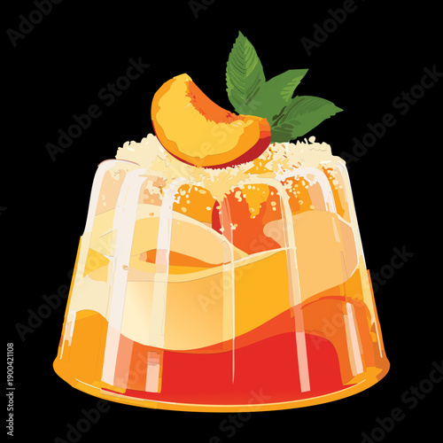 Layered orange jelly pudding with peach slices for sweet refreshing tropical summer dessert treat menu - Vector Illustration