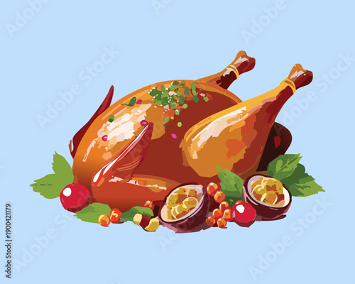 Two roasted chickens served with fresh fruits and herbs for festive gourmet banquet dinner celebration - Vector Illustration