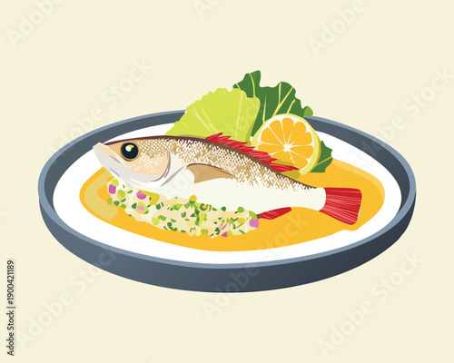 Whole grilled fish served in savory yellow sauce with vegetables for healthy mediterranean seafood meal - Vector Illustration