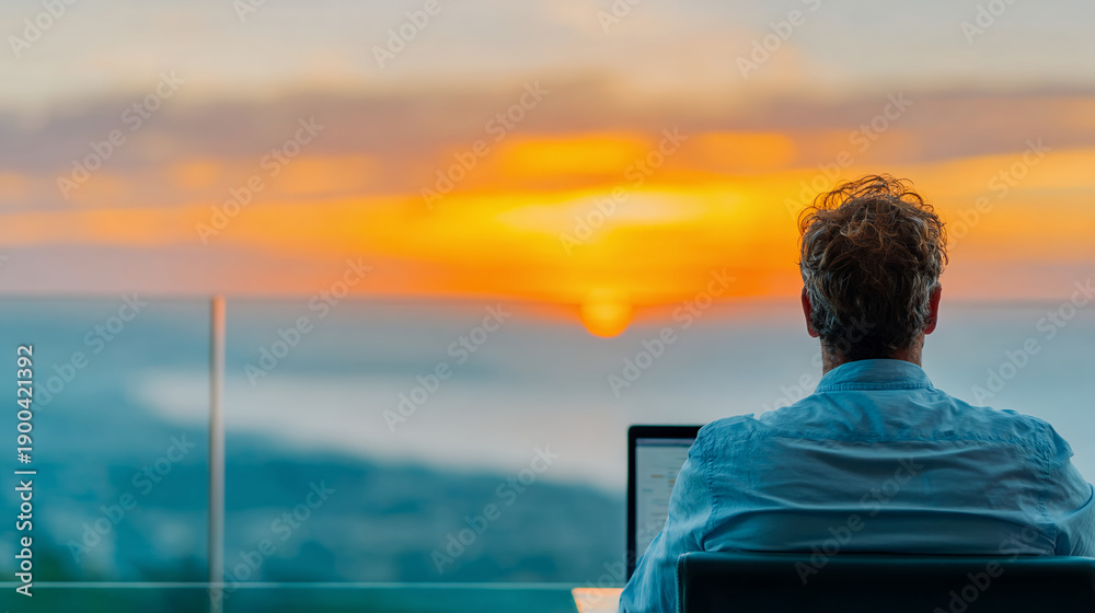 Fototapeta premium Sunset trader laptop remote work freelancer sea horizon reflection balcony focus Business trader work laptop sunset balcony focus strategy and calm sea horizon reflection create peaceful remote