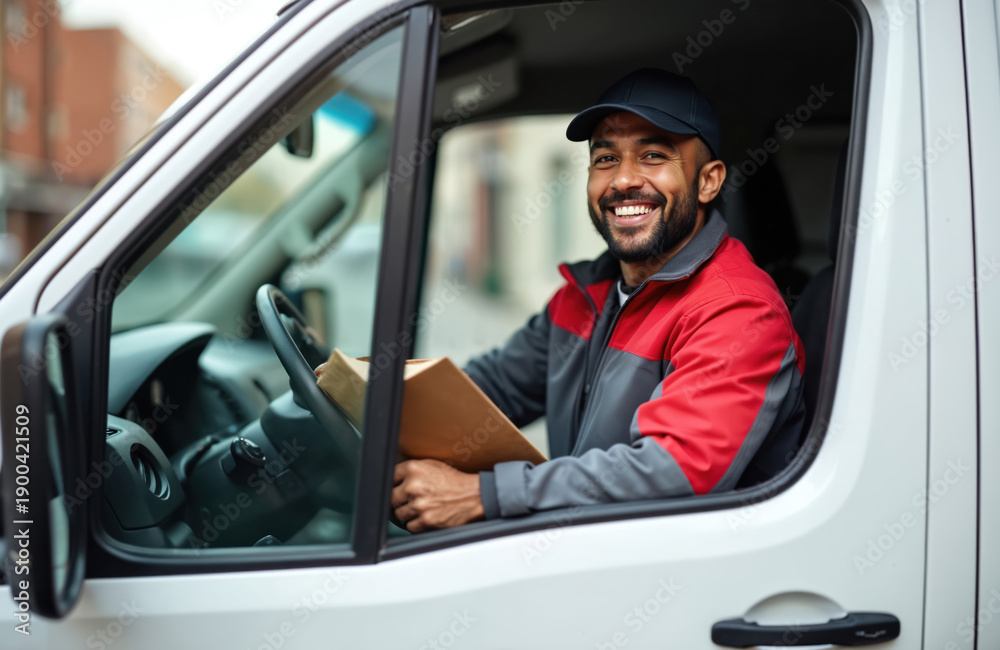 Obraz premium Smiling man wearing cap drives delivery van. He holds package in hand ready for distribution. African american male worker happy. He works hard for company.