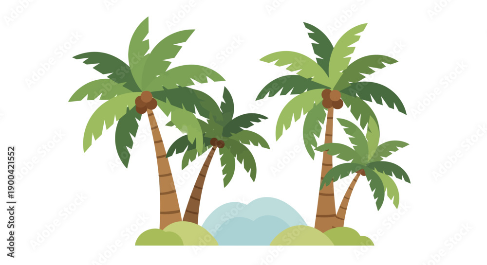 Fototapeta premium Cartoon Palm Trees on Island with Water and Greenery
