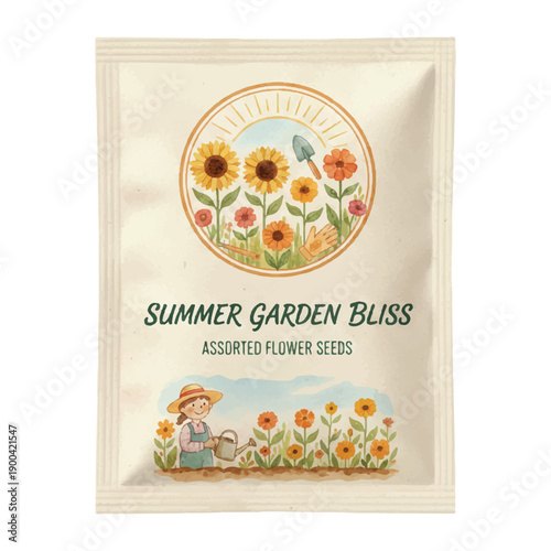 Watercolor Seed Packet with Floral Illustration, Summer Gardening Hobby Concept, Hand Painted Style, Isolated on White Background
