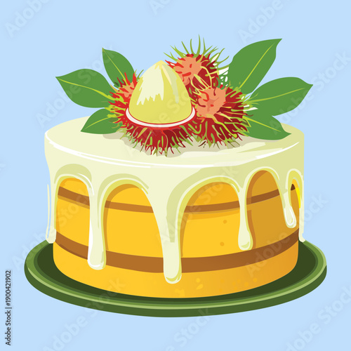 Decorative yellow sponge cake with white cream and fresh rambutan fruit for sweet tropical dessert - Vector Illustration