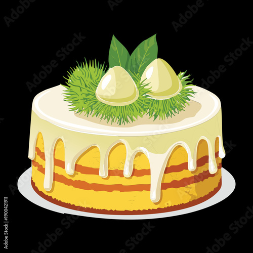 Layered sponge cake with white icing and fresh rambutan fruit topping for tropical bakery display - Vector Illustration