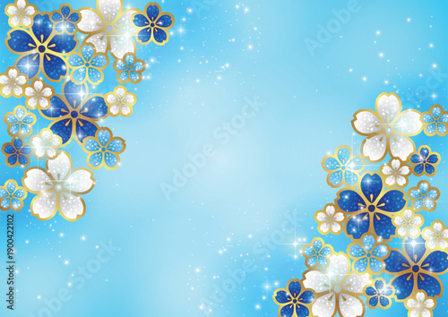 桜ジュエリー、背景、イラスト、青、キラキラ、かわいい、横