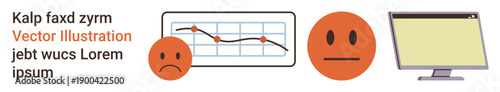 Data trends, emotional analysis, business reviews, performance tracking, workplace reactions, digital tools. A graph, frowning and neutral emotions and a computer screen. Data trends and emotional
