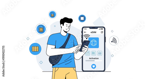 Digital Cellular Technology Person Using Smartphone For eSIM Activation And Global Connectivity