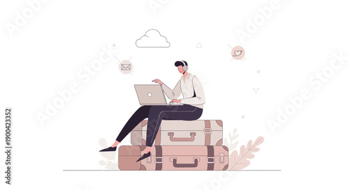Digital Nomad Working Remotely On Luggage With Icons