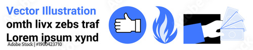 Social media, decision-making, payment systems, safety, approval, branding. A thumbs-up icon, flame symbol hand with cards. Social media and decision-making concepts