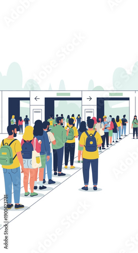 Diverse Crowd Waits Patiently In Queue For Entry Entrance Queuing People Diverse Groups