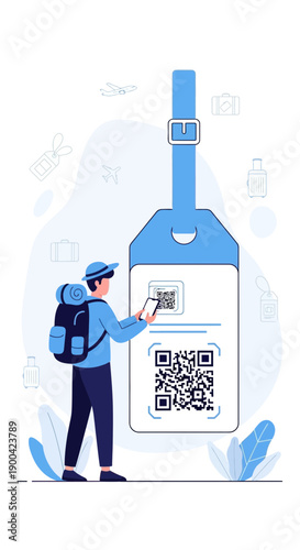 Digital Traveler Scanning QR Code on Oversized Luggage Tag Indicating Travel Information