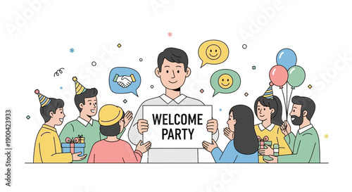 Diverse Group Celebrates Welcome Party With Gifts And Balloons