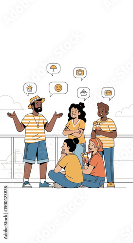 Diverse Group Engaged In Animated Discussion With Digital Icons Above