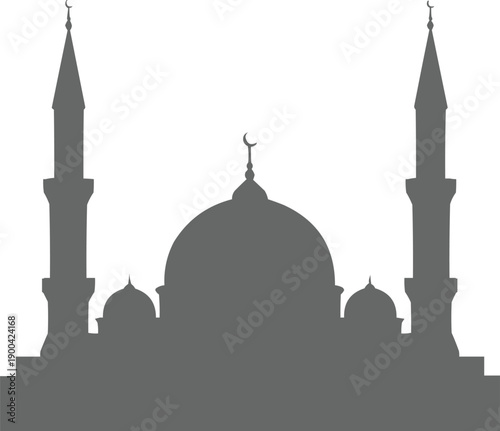 described is a black-and-white vector graphic of a mosque, which is a significant symbol in Islamic architecture and culture.