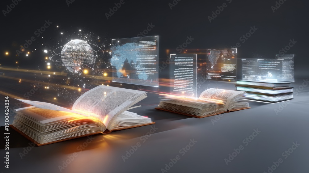Obraz premium Modern digital books with holographic displays and global connection elements illustrating the future of reading and learning technology