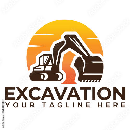 Excavation Logo with Excavator Machine and Sunset for Construction Company