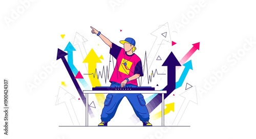 DJ Energetically Mixing Tunes With Upward Trend Arrows Background