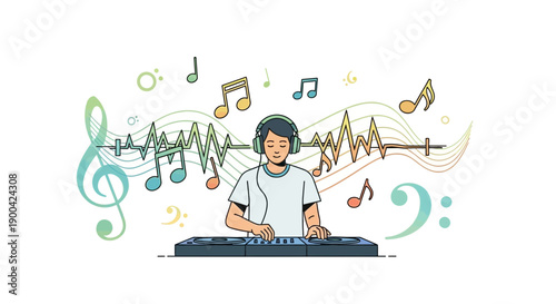 DJ Crafting Rhythmic Soundscapes With Music Notes And Equalizer Waves