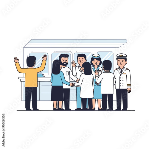 Diverse Team Greeting Passengers on a Modern Vessel Bridge