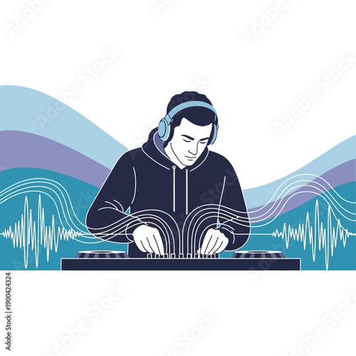 DJ Spinning Tunes With Headphones On And Abstract Soundwaves Floating Around Him