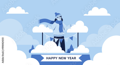 Dreamy Winter Ascent Person Reaching For New Year Clouds Celebration