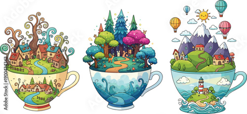 Whimsical fantasy teacup landscapes illustration set, with fairy tale villages, magical forests, mountains and hot air balloons isolated on white background for creative design
