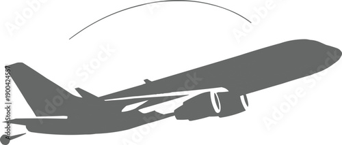 described features a gray silhouette of an airplane in the process of taking off, accompanied by an arc positioned above the plane