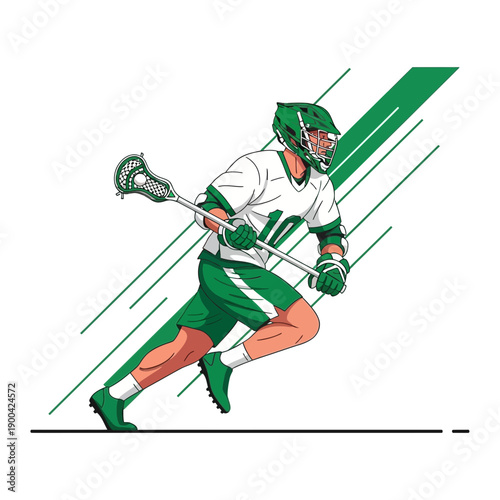 Dynamic Lacrosse Player In Action Athletic Sport Vector Illustration Green and White Uniform