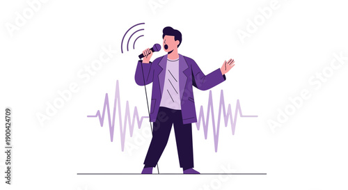 Dynamic Vocalist Performs With Microphone And Sound Wave Visualizer