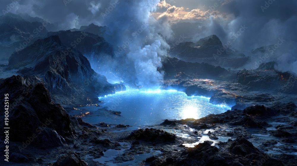 Obraz premium A glowing blue lava lake sits at the center of jagged black mountains, casting reflections on the surrounding rocky terrain