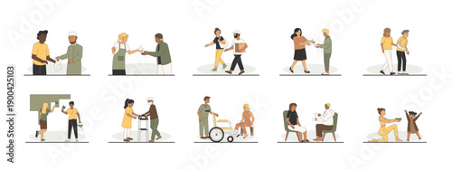 Set of 10 helping people illustrations packs. Flat vector concepts.