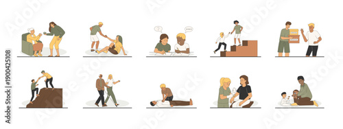 Set of 10 helping people illustrations packs. Flat vector concepts.