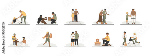 Set of 10 helping people illustrations packs. Flat vector concepts.