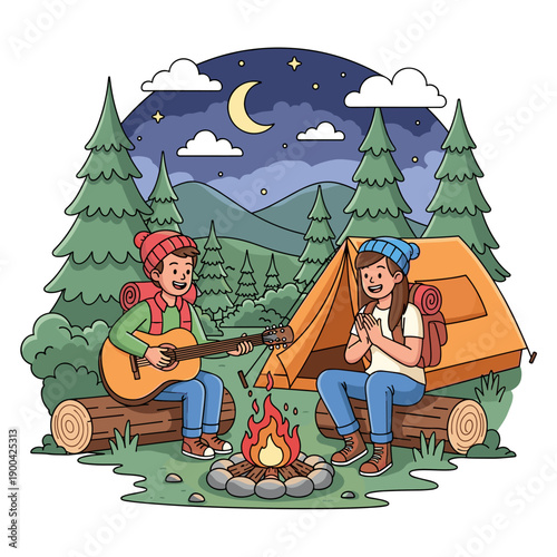 Happy family with children playing in the snow and enjoying a cozy winter holiday scene