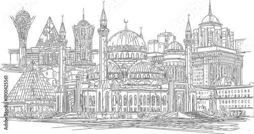 The image you described is a black and white illustration showcasing a diverse cityscape characterized by a blend of architectural styles. The prominent features include domes and minarets,