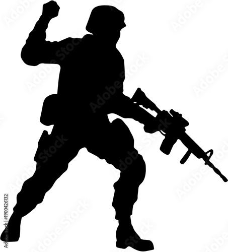 Army soldier silhouette throwing grenade in combat, military tactical assault concept