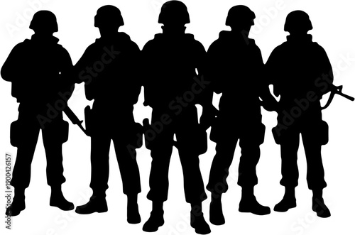 Group of soldier silhouettes standing together, military squad or army team concept