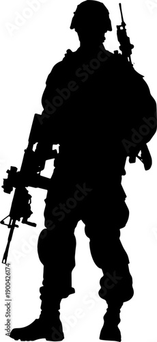 Full body silhouette of a soldier standing with assault rifle, military infantry concept