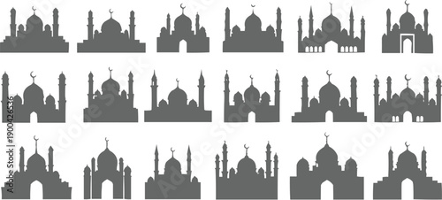 There is a collection of gray silhouette images of the described mosque, arranged in three rows.